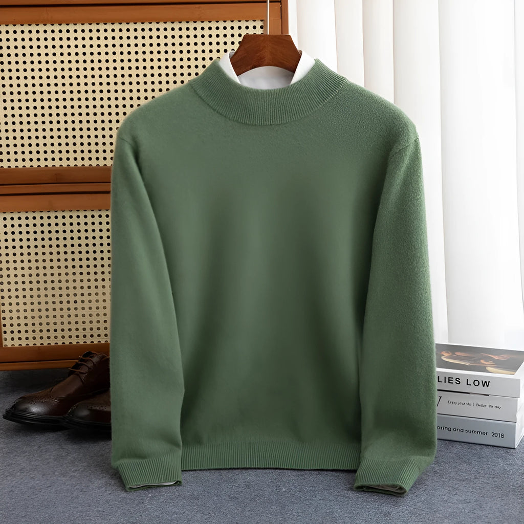 Men's half-turtleneck loose fit wool sweater in a neutral colour on a hanger.