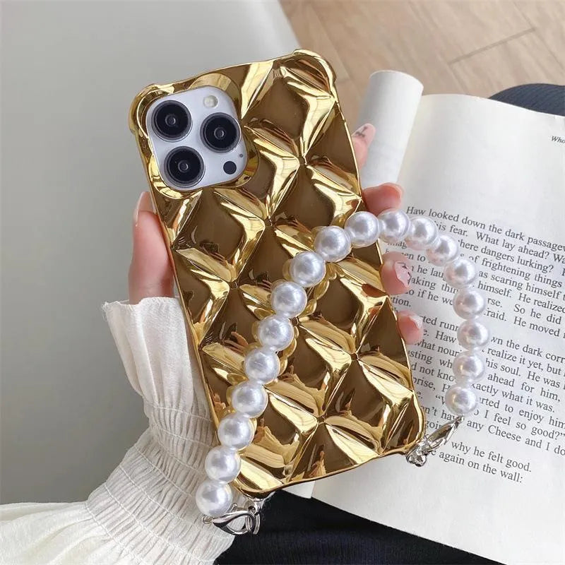 Luxury diamond bracelet phone case in plated rhombus gold for iPhone