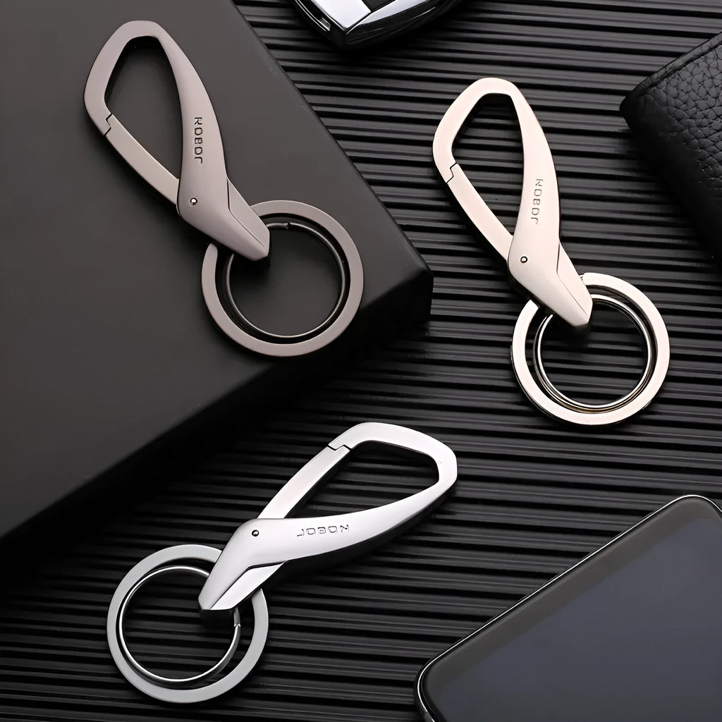 Zinc alloy double ring keychain in black, chrome or nickel colour measuring 8.3x3.5cm