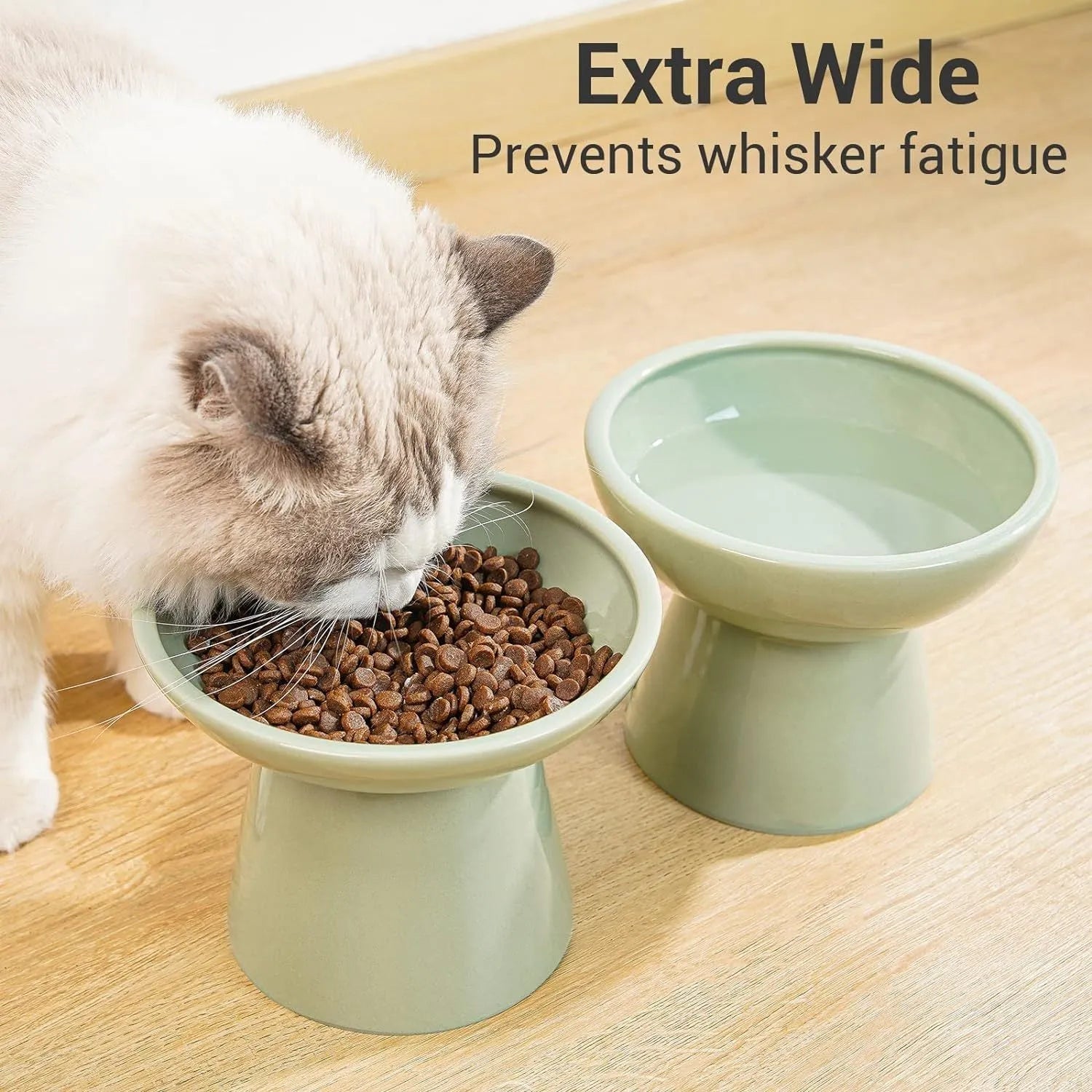 Elevated ceramic cat bowl with wide 16cm diameter and 12cm height in blue colour