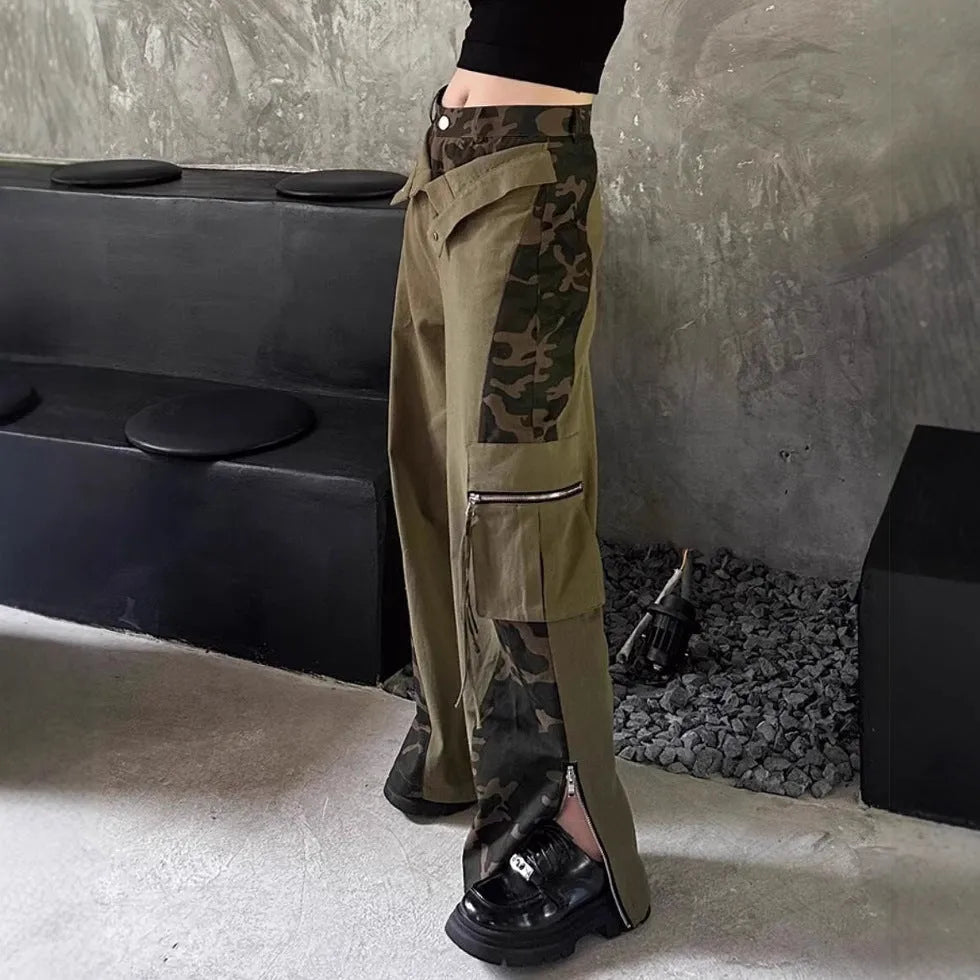 Women's dark khaki leopard print high waist straight leg jeans with contrast stitching tooling style detail