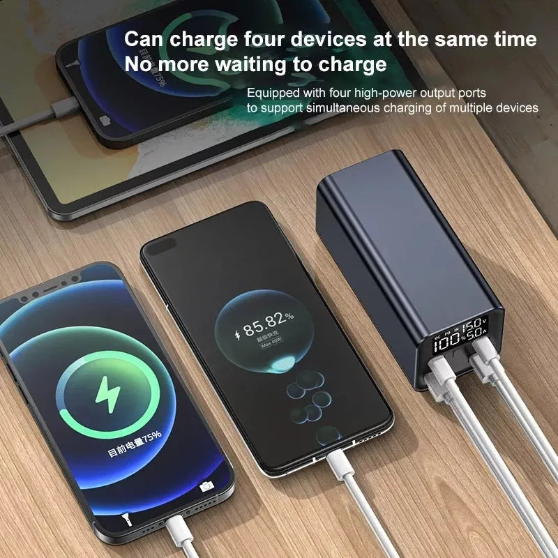 65W 20000mAh metal laptop charging bank in black showing dimensions and USB ports