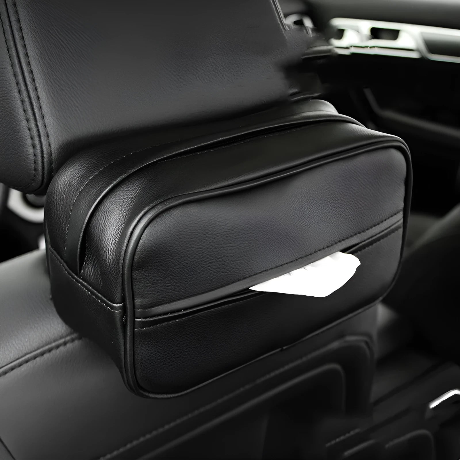 Leather car storage box with PU hanging strap in black and beige colour options