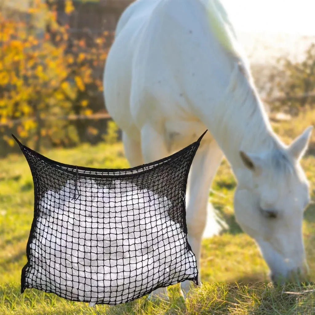 Woven PE rope feeding bag with grid design for horses and cattle in agricultural setting