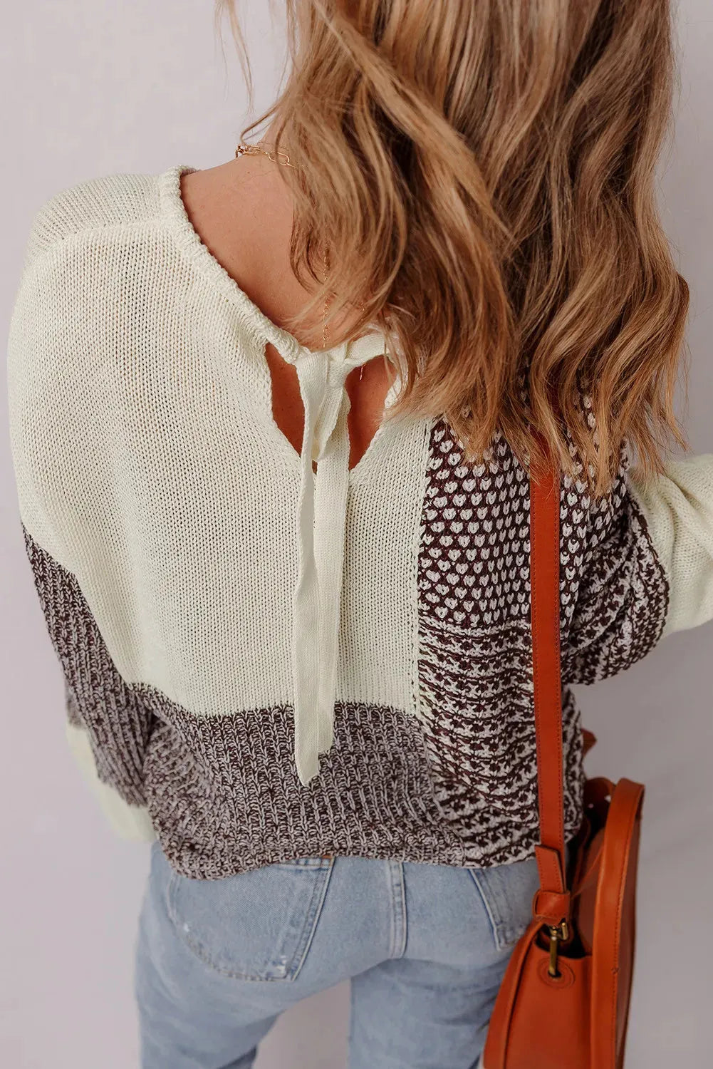 Dark khaki colour block women's sweater with drop shoulders and back tie detail