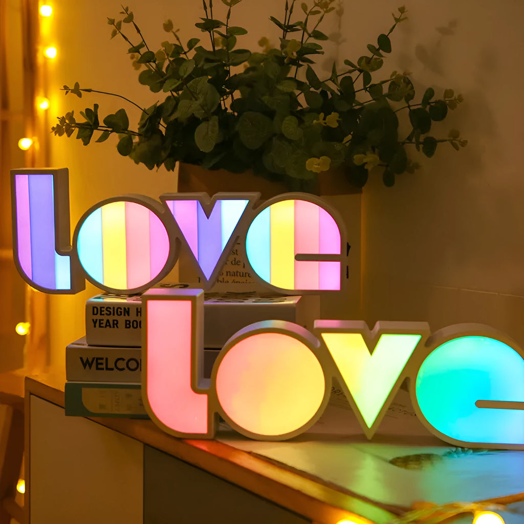 LED decorative light with rainbow lampshade displaying LOVE lettering for Valentine's Day decoration