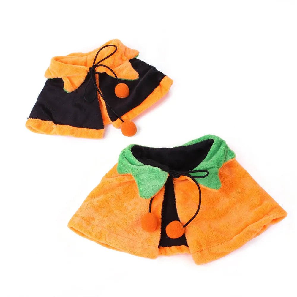 Orange plush Halloween cloak costume for a dog or cat, shown in sizes S, M, L.