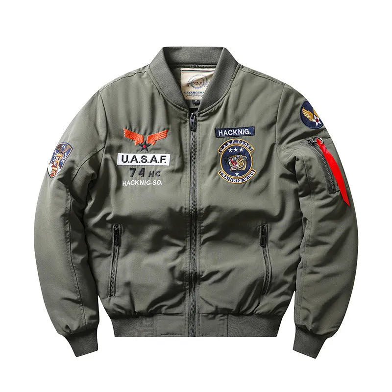 Men's slim-fit stand collar motorcycle coat in black with retro embroidery and patch pockets