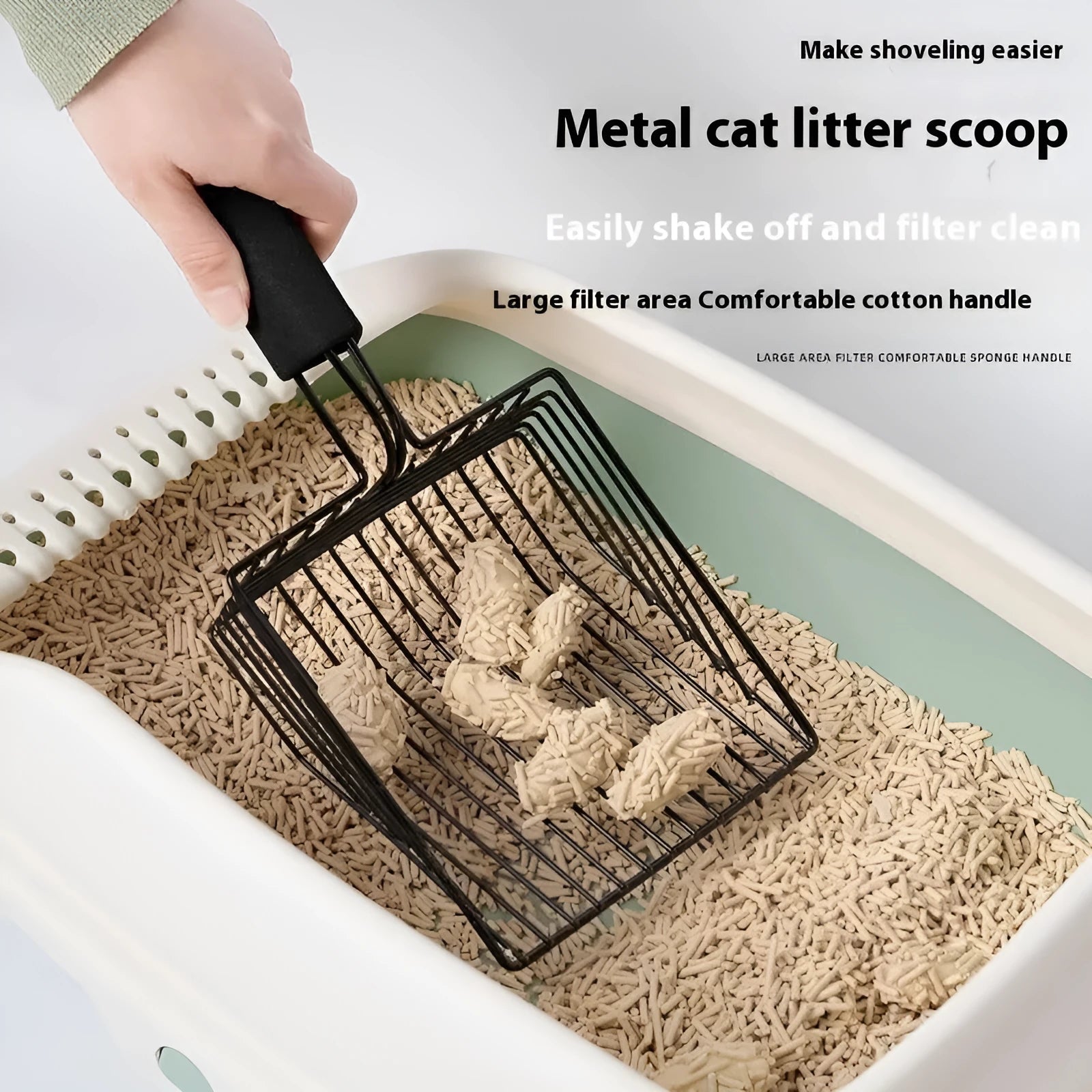 Black metal cat litter scoop with 0.8cm gap for sifting clumping cat litter