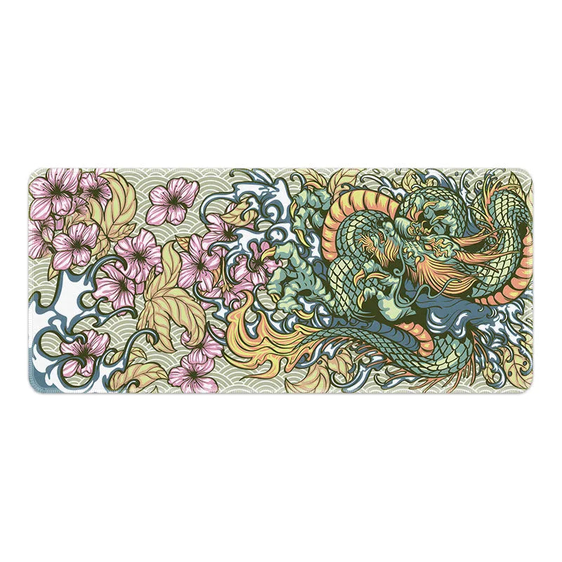 Gaming mouse pad with dragon artwork in multiple size options on desk