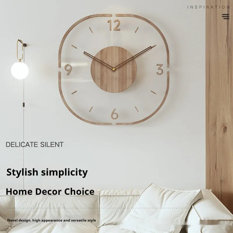 35cm square transparent wall clock with wooden frame in modern design