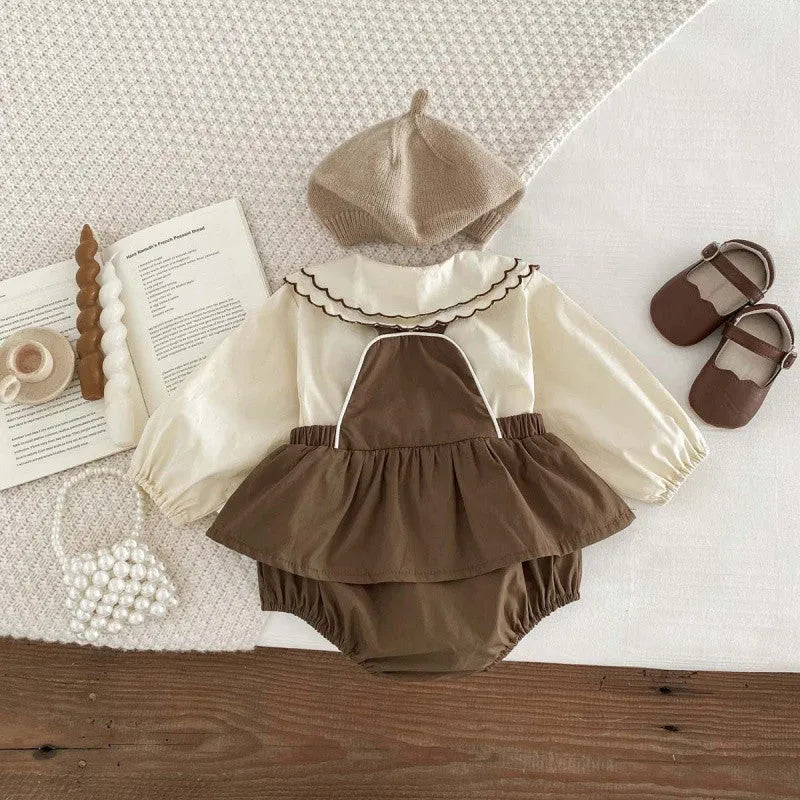 Girls' brown coffee long-sleeved cotton suspender romper with doll collar shirt and jumpsuit two-piece set