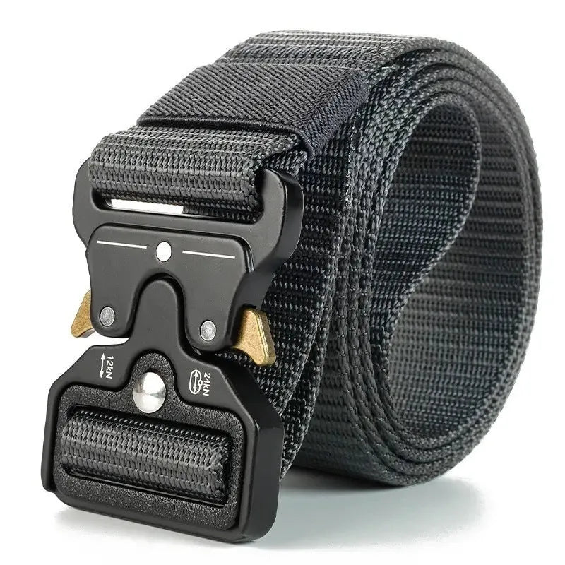Men's tactical canvas belt with alloy release buckle in five colour options showing 120cm length