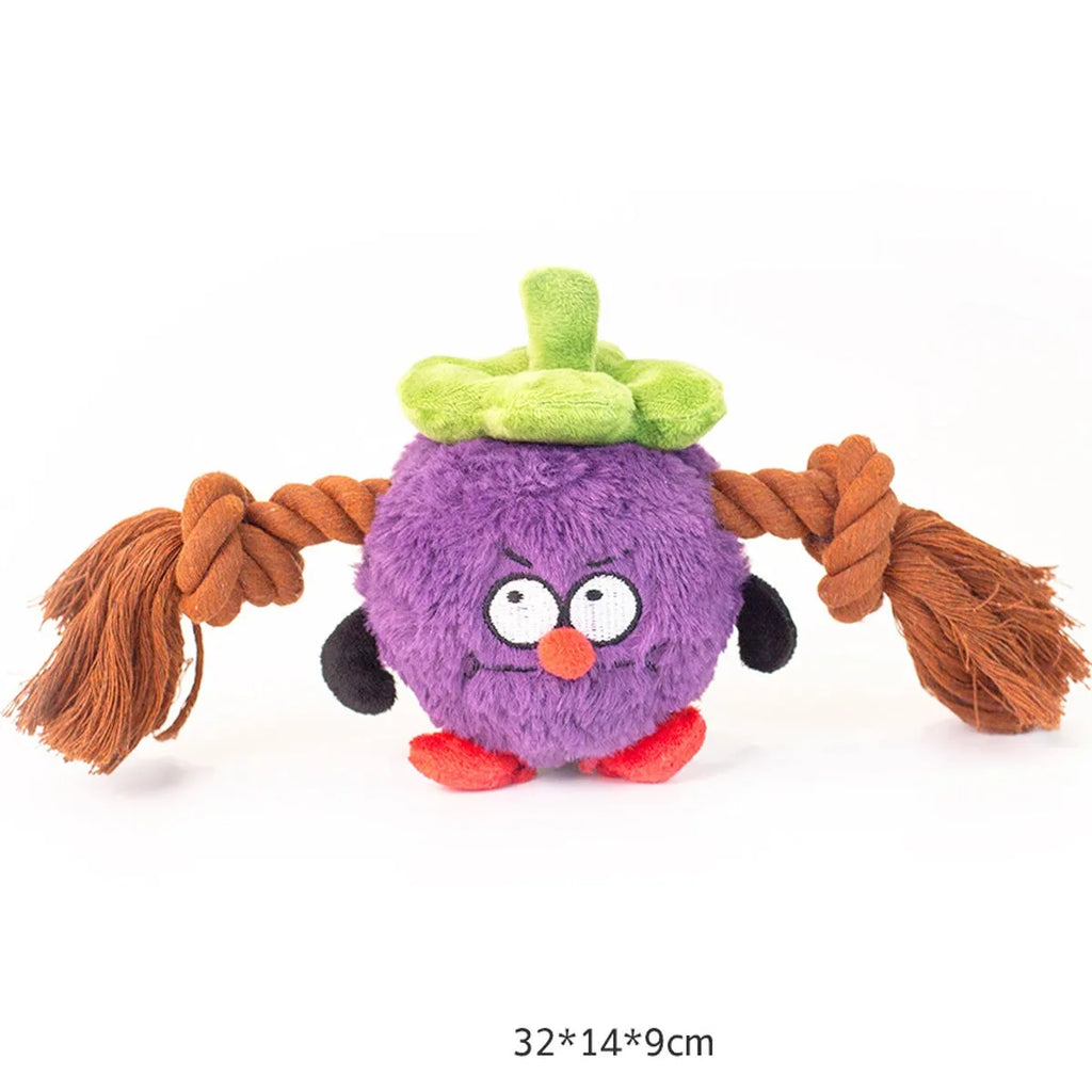 Green interactive dog toy with plush fabric, rope knots, and built-in squeaker for tug of war games