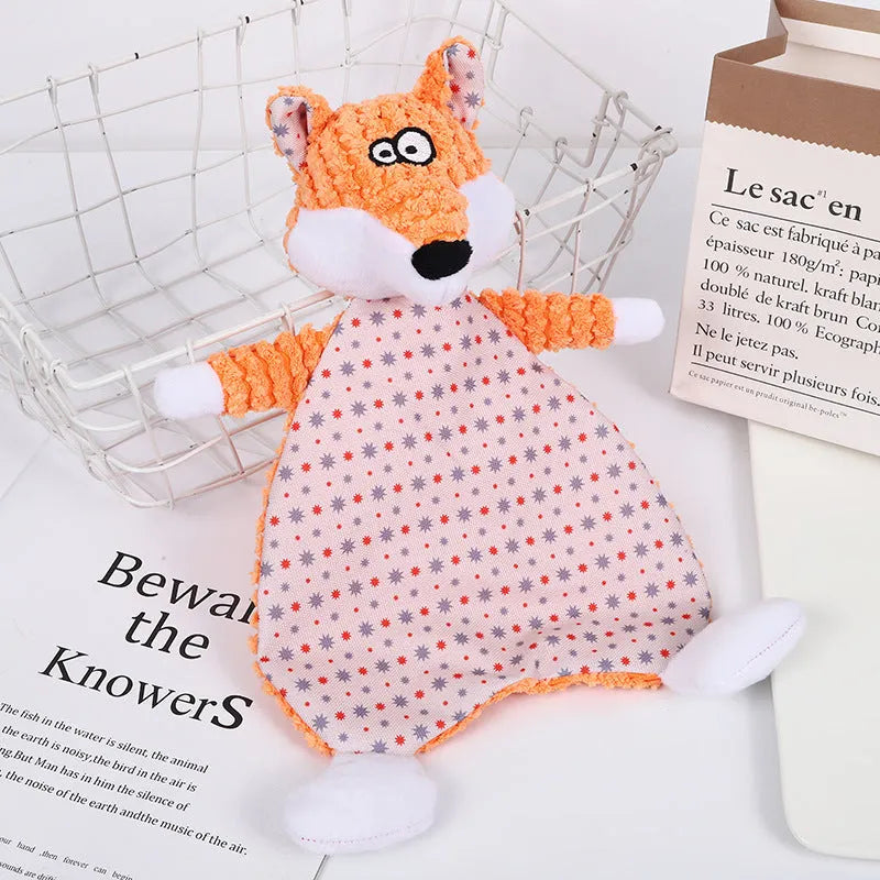 Brown, grey, and orange velvet pet stuffed toys in fox and elephant designs with crinkle sound paper inside.