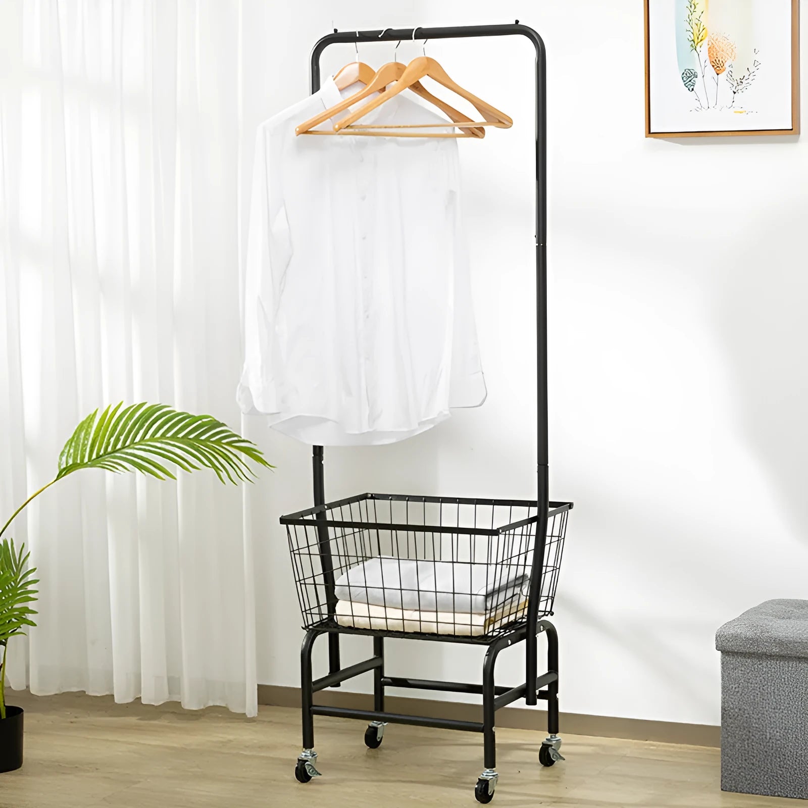 Iron single rod pulley storage car for wardrobe hangers in black or white.