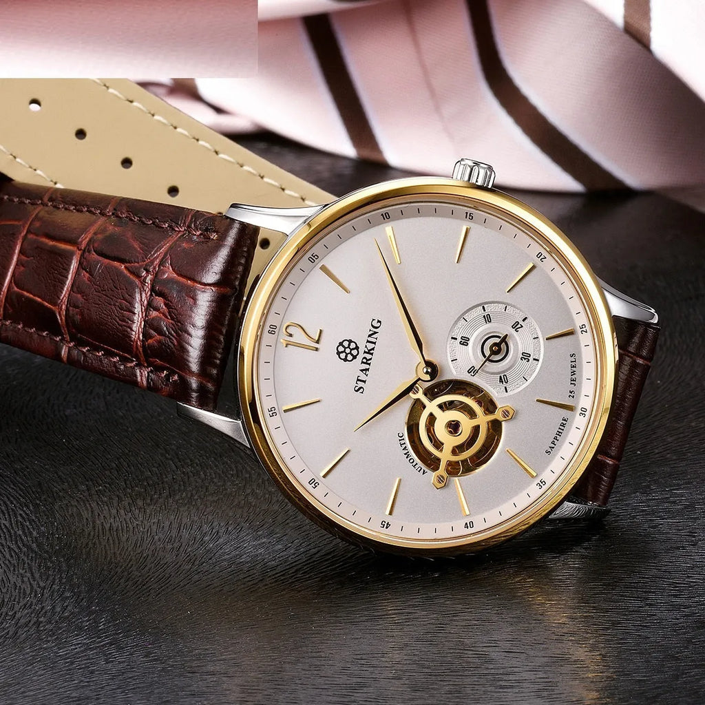 Automatic mechanical men's waterproof business watch with sapphire crystal glass and genuine leather strap