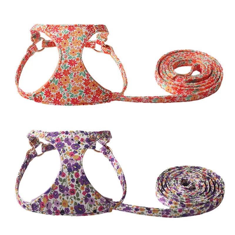 Floral series pet harness suit and leash set in cloth material with multiple colour options