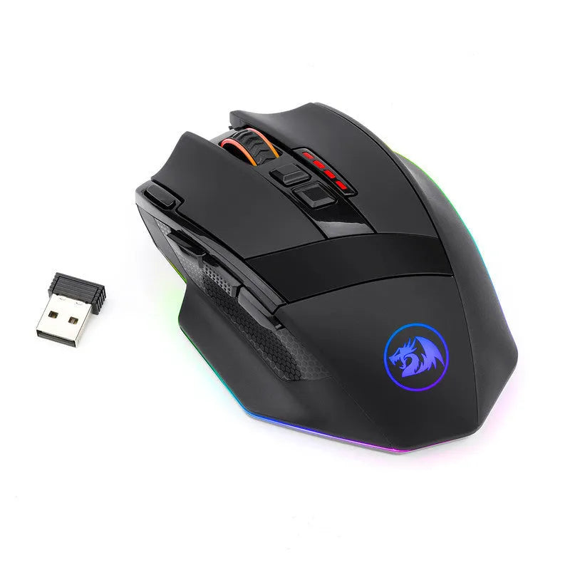 Redragon M801P black wireless gaming mouse with nine buttons and dual connectivity options