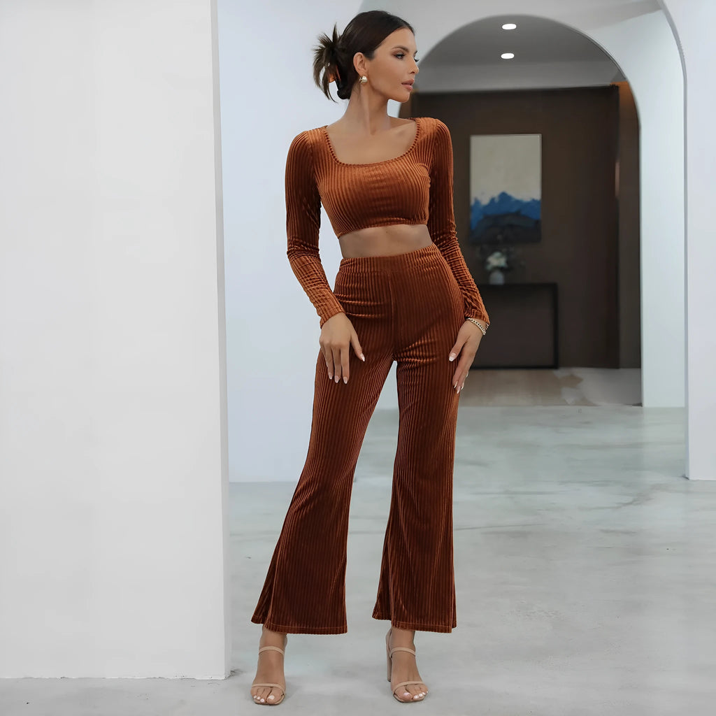 Caramel-coloured long sleeve sweater set with matching top and trousers on hanger