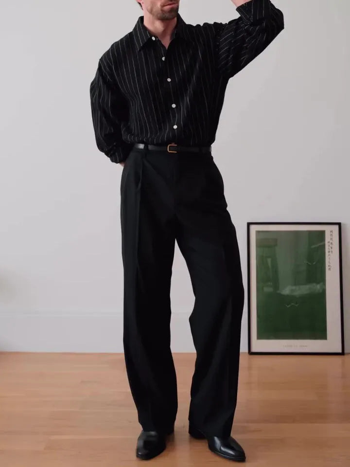 Black pinstriped button-down shirt with regular fit on mannequin