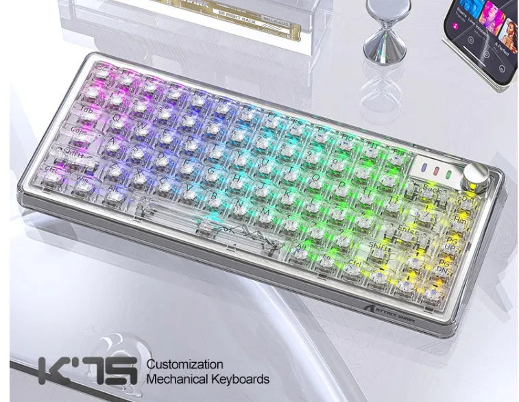 Attack Shark K75 wireless mechanical keyboard with transparent PC case in black or white, 75% compact layout with RGB lighting