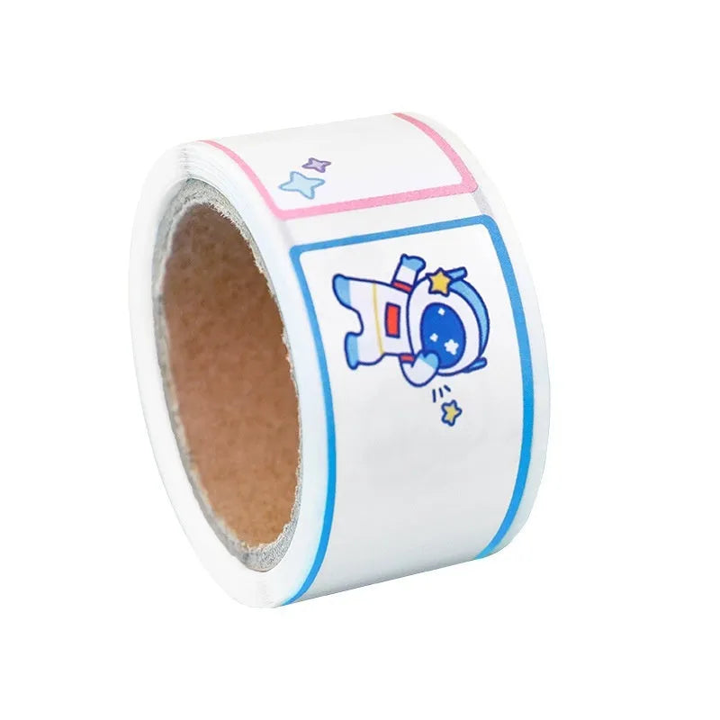 Roll of creative cartoon tape name stickers with dinosaur, astronaut, rabbit and girl designs for student organisation