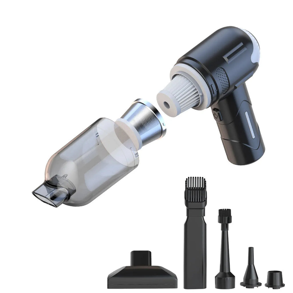 Handheld cordless pet hair vacuum cleaner with attachments on a sofa