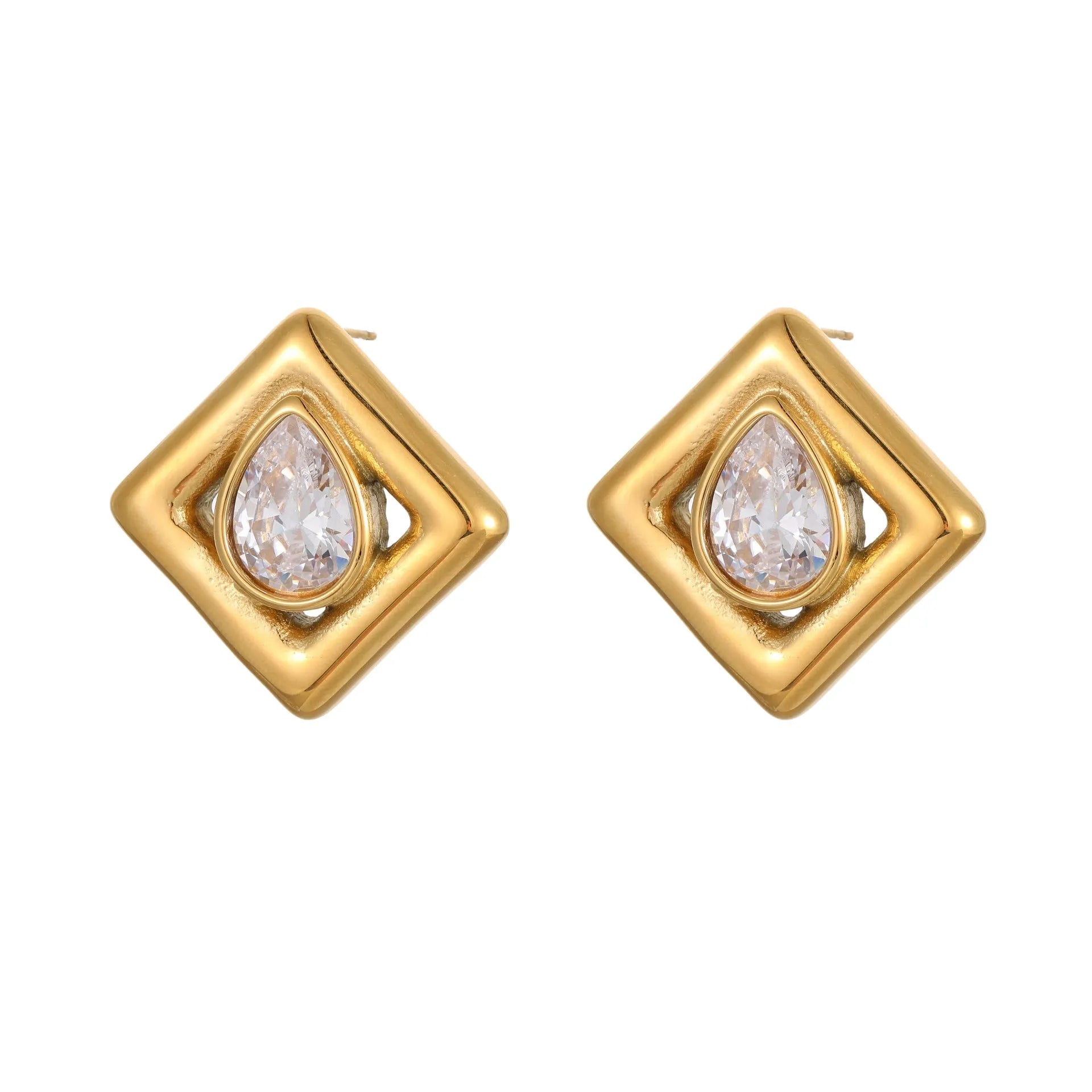 Gold-tone geometric stud earrings with inlaid water drop zircon stones on stainless steel