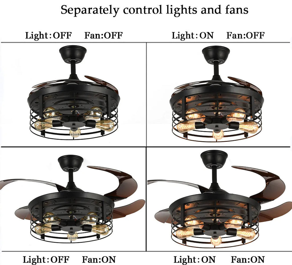 42-inch industrial American retro ceiling fan lamp with invisible blades and remote control