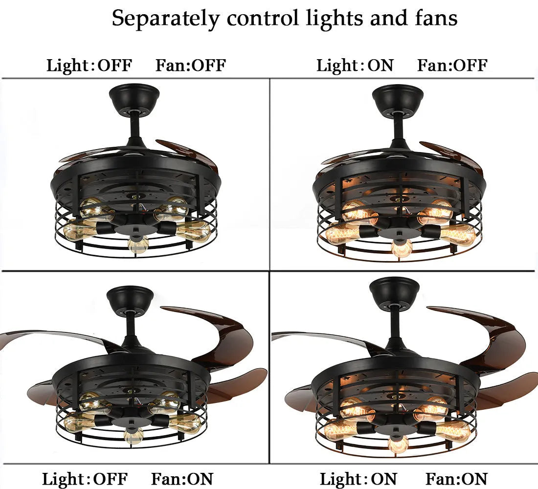 42-inch industrial American retro ceiling fan lamp with invisible blades and remote control