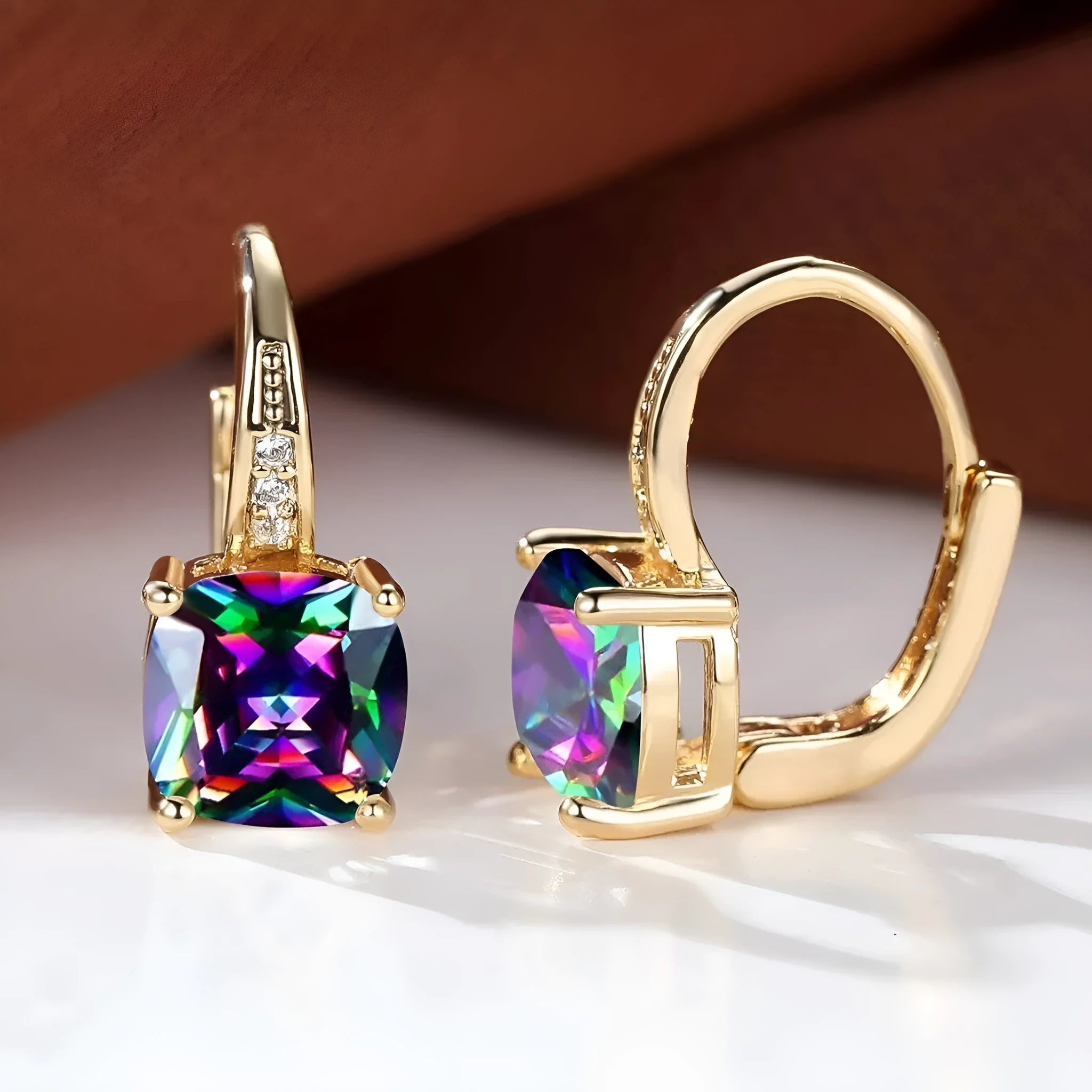 Square geometric ear clips with colourful moissanite stone inlays and gold electroplated finish