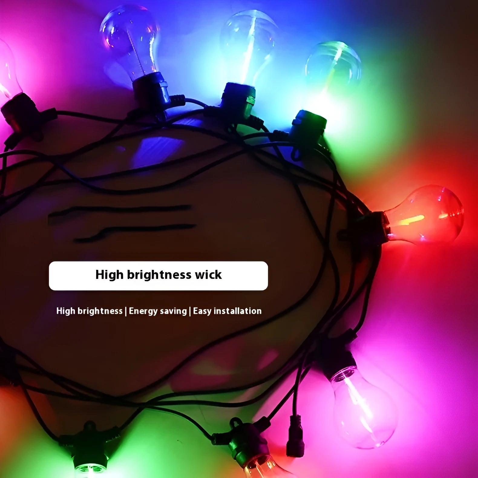Waterproof outdoor decorative string lights with 10 transparent meteor bulbs on 5 metre cable
