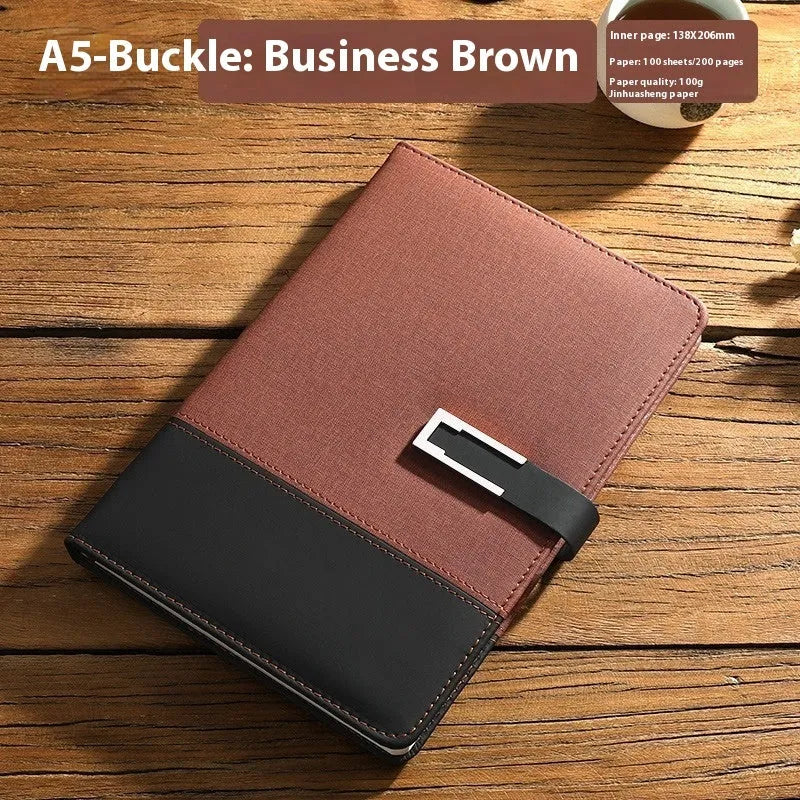 A5 soft leather business notebook in brown, black, green, blue, and red colour options.
