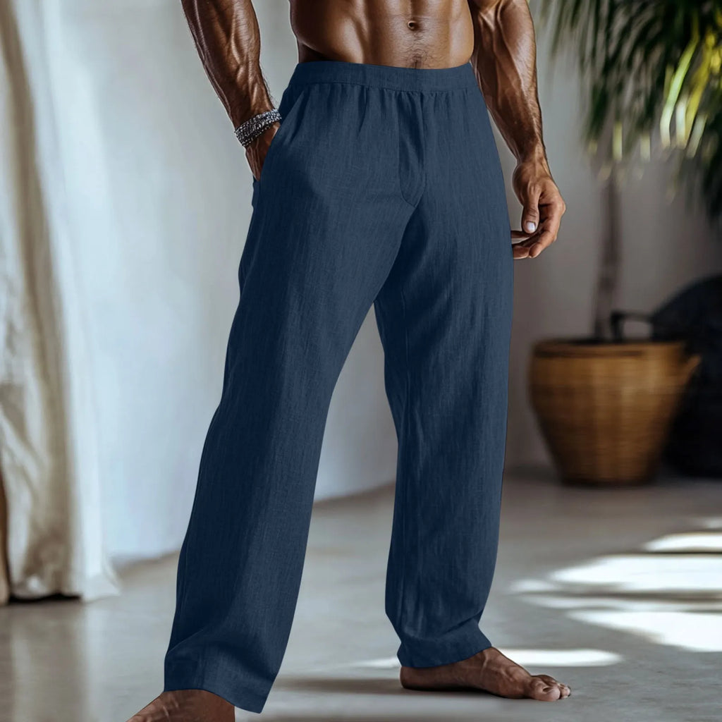 Cotton and linen straight-leg casual trousers in British style with pockets, shown in available colours