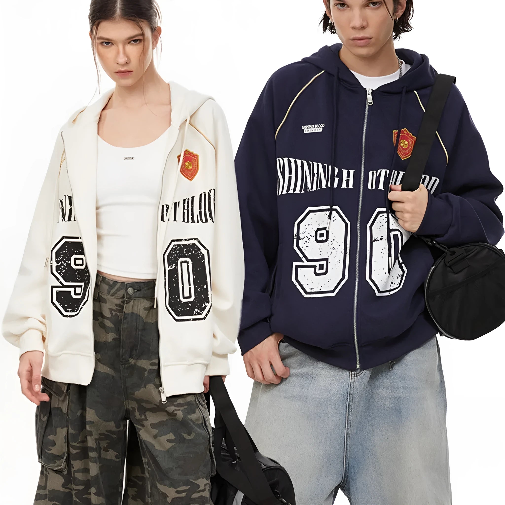 Women's red American retro style loose hooded cardigan jacket with white letter embroidery pattern