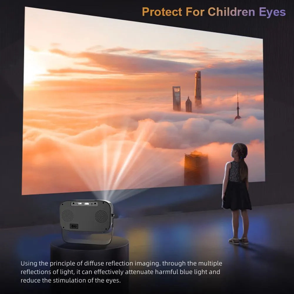 Black portable smart projector with remote control showing HD 1280x720 resolution and Android compatibility