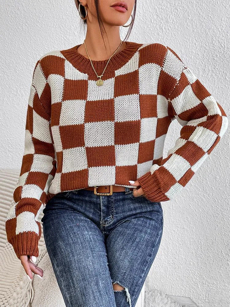 Dark brown plaid pattern loose fit acrylic pullover sweater with round neck and long sleeves