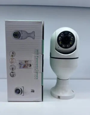 Wireless bulb security camera with metal and plastic housing, measuring 5cm by 12cm.