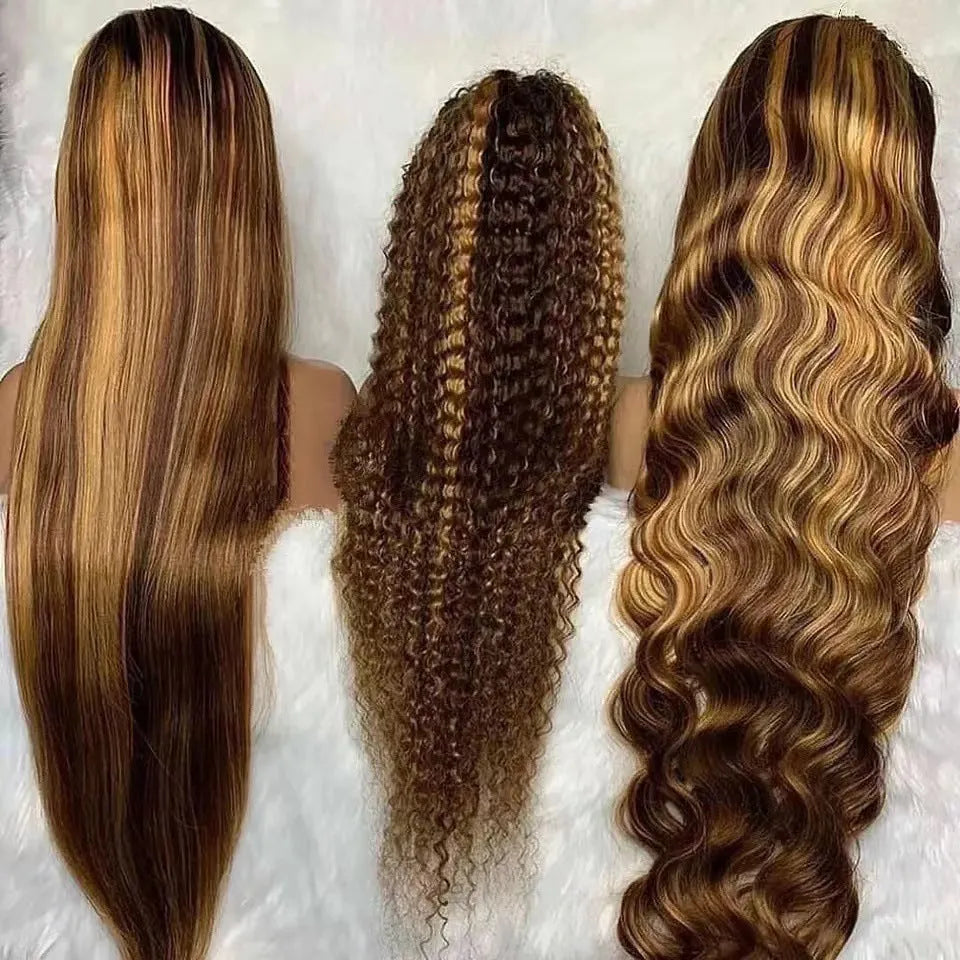 Long curly big wave front lace wig in black gradient colour on a stand, showing side bangs.