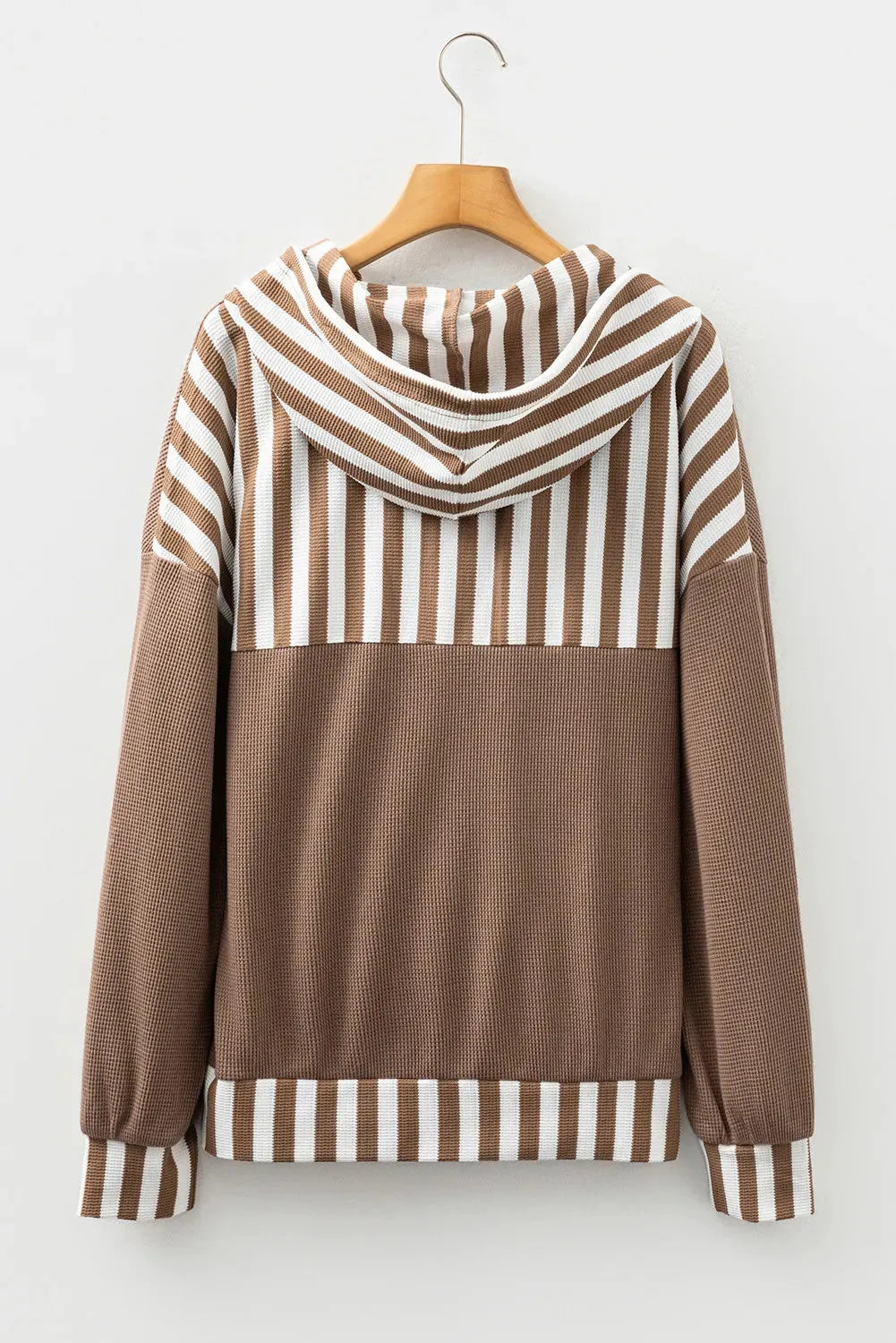Straw yellow waffle texture hoodie with striped patchwork, button neck, and drawstring hood.