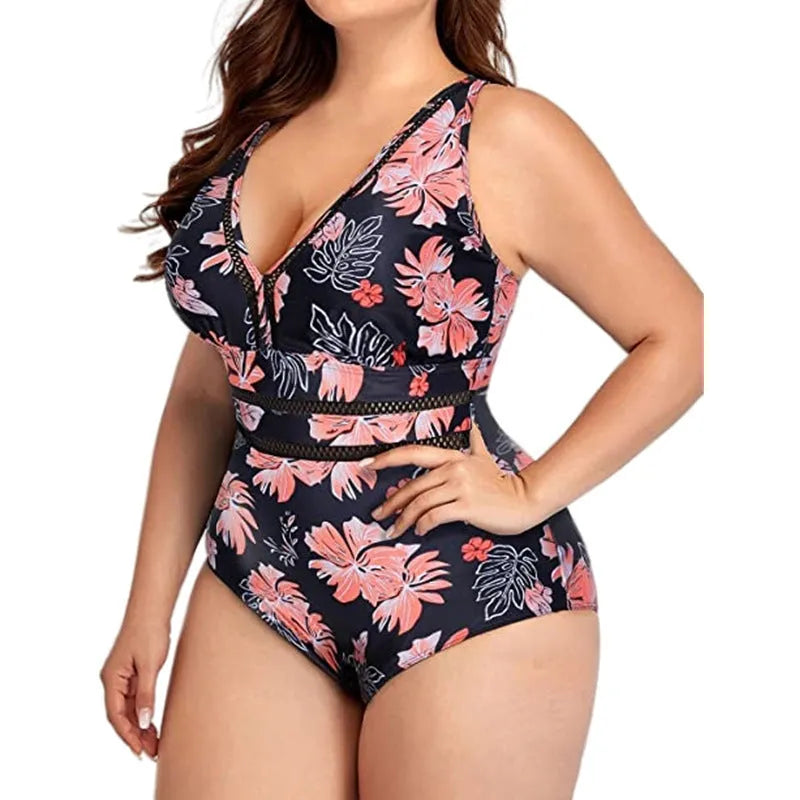 Black printed plus-size women's bikini with mesh stitching, sizes S to 5XL.