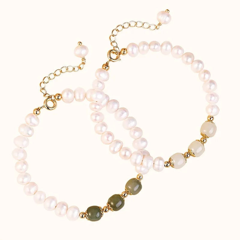 Natural freshwater pearl bracelet with diamond-shaped pearls in a Korean style, shown in deep Hetian jade colour.