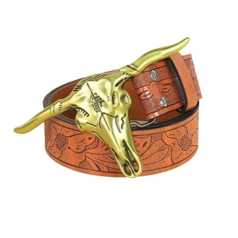 Men's leather belt with detailed cow head buckle in black or brown colour options