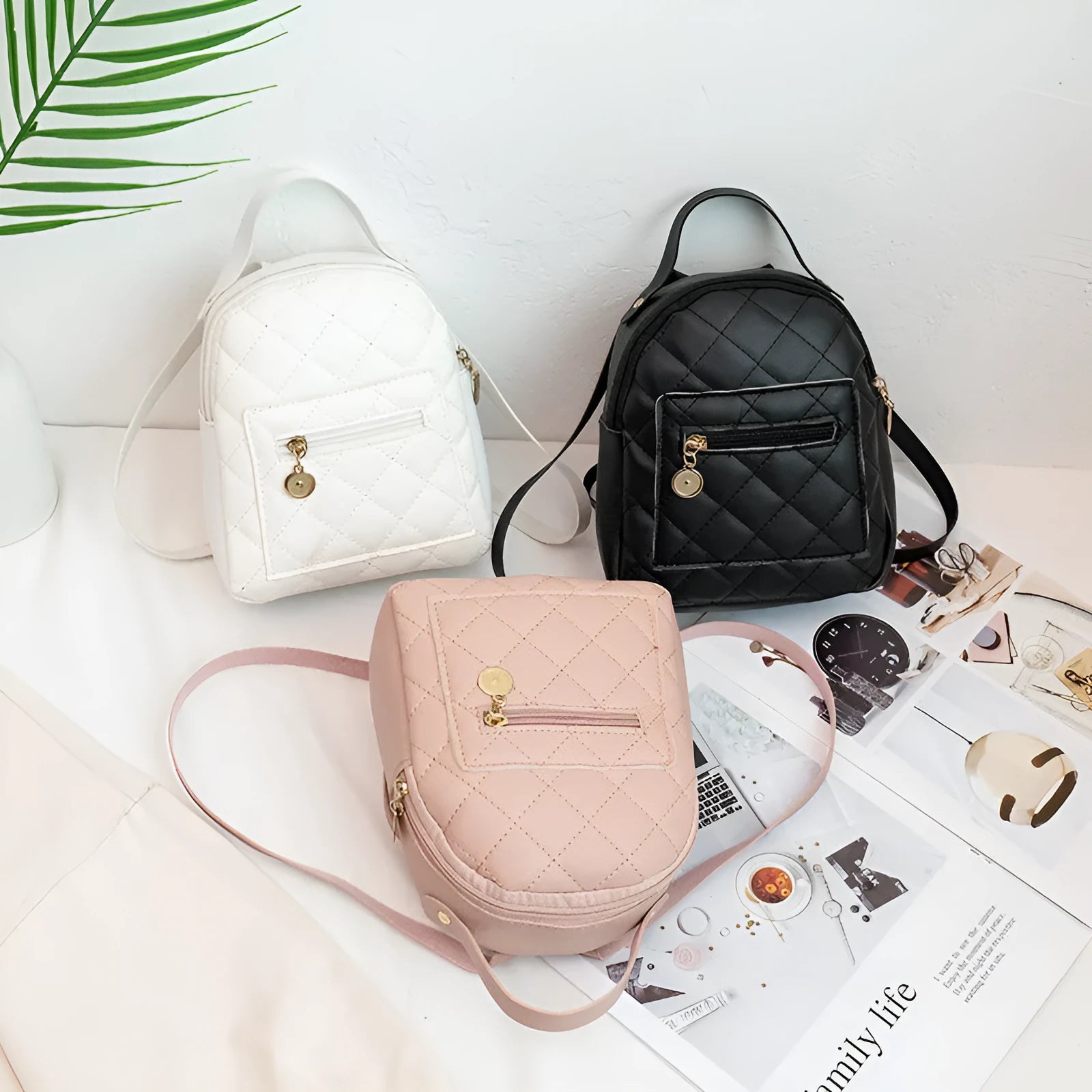 Girls' Korean style embroidered hard case backpack in black, pink and white colours with square shape