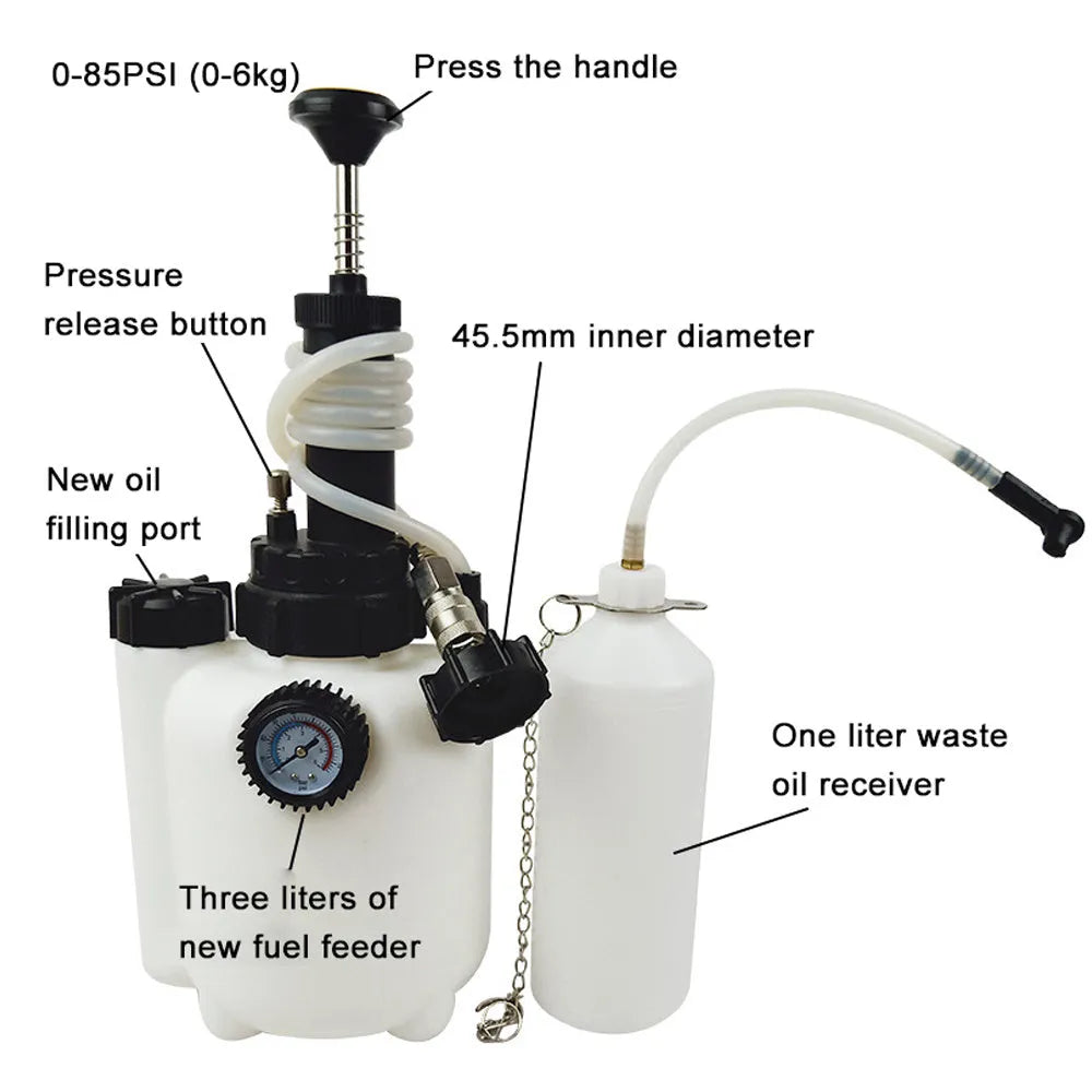White 3-litre brake oil tank replacement tool with copper, iron and plastic components.