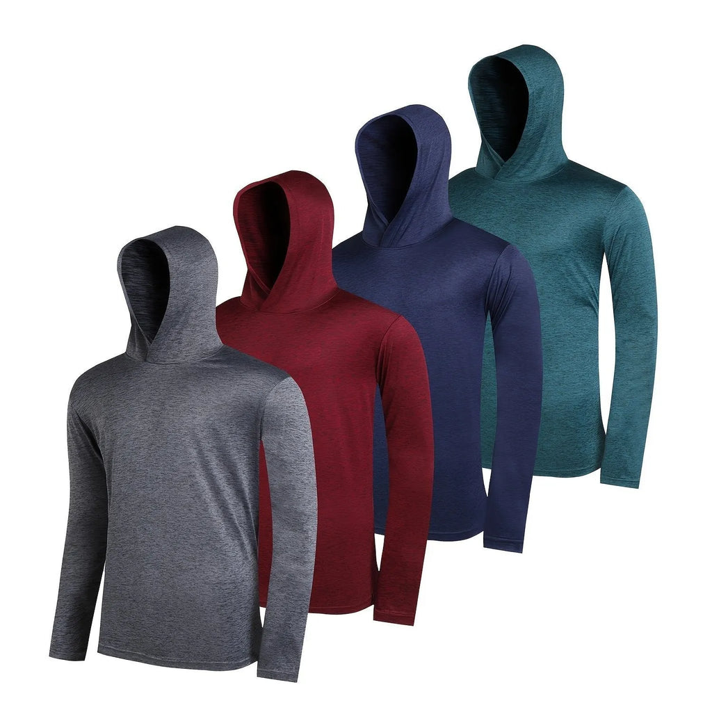 Four men's lightweight hoodies in different colours showing elastic polyester fibre fabric and hooded design