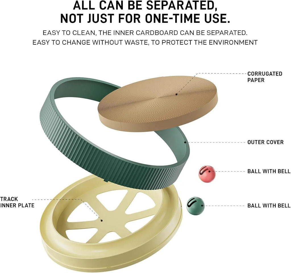 Large circular cat scratching board with built-in ball toys and replaceable cardboard core