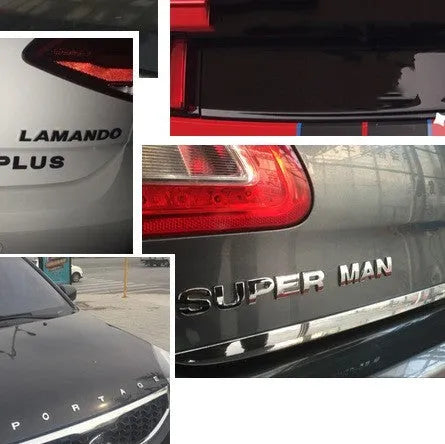 3D metal car bumper sticker showing raised zinc alloy English letter on adhesive backing