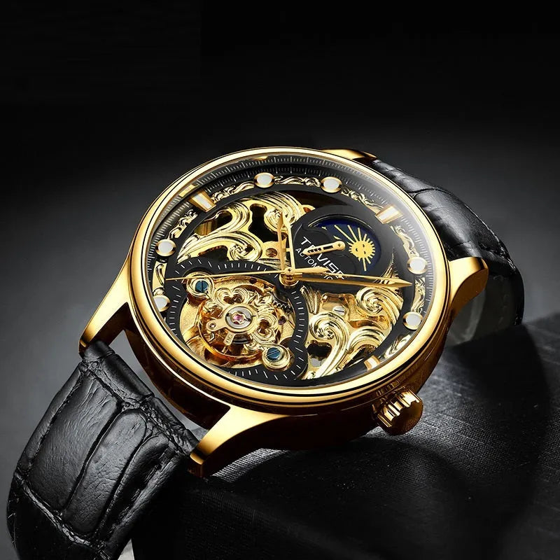 Men's gold leather strap automatic mechanical watch with waterproof case